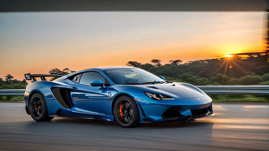 The image shows a blue sports car driving on an asphalt road. The car has a sleek design and a large rear spoiler. The car is driving in the right lane and is surrounded by trees. The sun is setting in the background, casting a warm glow over the scene. The car is moving at a high speed.