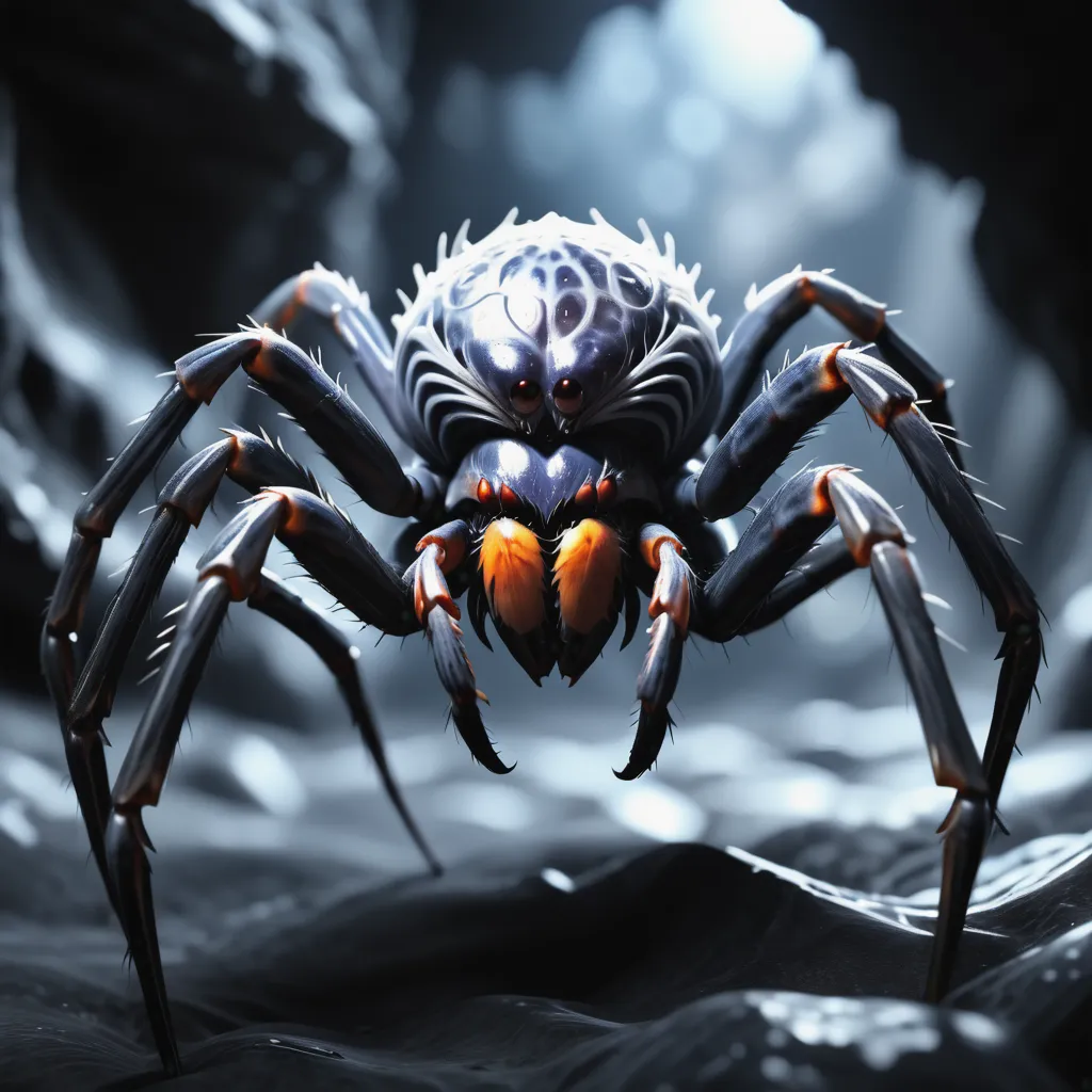 The image is a 3D rendering of a spider. The spider is black and has eight legs. It has red eyes and a white abdomen. The spider is standing on a rock in a dark cave. The cave is lit by a single light source, which is coming from the left side of the image. The spider is looking at the viewer with its red eyes.