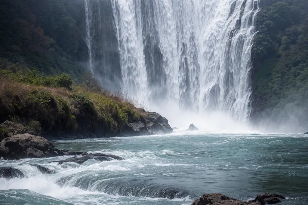 The image shows a waterfall in a forest. The waterfall is very wide and the water is falling from a great height. The waterfall is surrounded by a lush green forest. The water is white and foamy. The waterfall is in a valley and the cliffs on either side are covered in moss and vegetation.