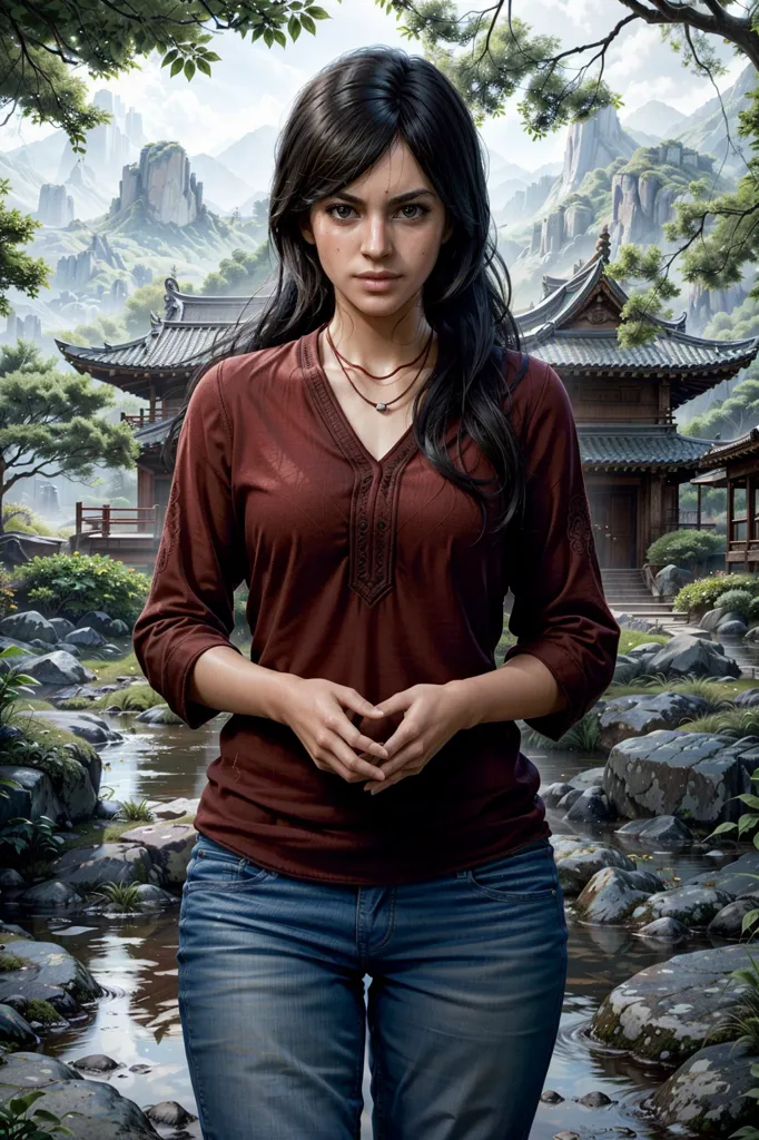 The picture shows a young woman standing in front of a traditional Chinese building. She is wearing a brown shirt and blue jeans. She has long dark hair flowing over her shoulders. The background is a Chinese-style courtyard with a rock garden, trees, and a pond. The overall color tone is warm and invit