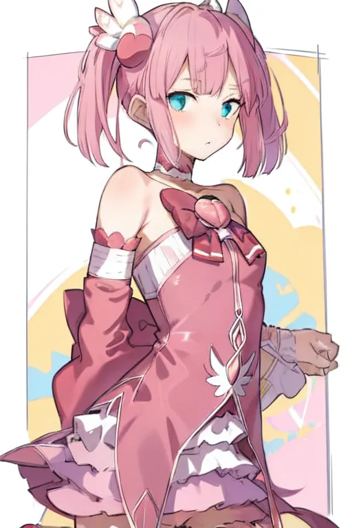 The image is of a young girl with pink hair and blue eyes. She is wearing a pink dress with a white collar and a pink bow in her hair. She is also wearing white gloves. The girl is standing in front of a white background, and she has a slightly embarrassed expression on her face.