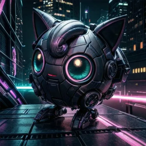 The image is of a robot that looks like a character from the Pokemon franchise. It is standing in a futuristic city surrounded by tall buildings. The robot is made of metal and has glowing blue eyes. It is also has a tail and cat-like ears.