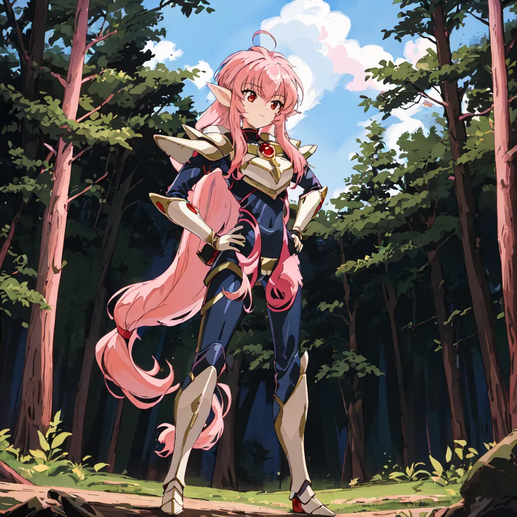 This is an image of a pink-haired anime girl with long pink hair and red eyes. She is wearing a blue and white bodysuit with gold and silver armor. She is standing in a forest, with one hand on her hip and the other holding a sword. She looks confident and determined.