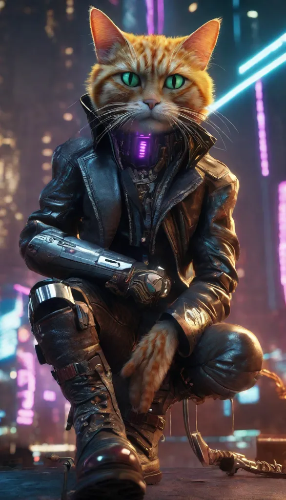 This is an image of a cat wearing a black leather jacket and boots. The cat is sitting on a rooftop in a city at night. The background is a blur of city lights. The cat has green eyes and a cybernetic implant on its neck. The cat is looking at the viewer with a confident expression.