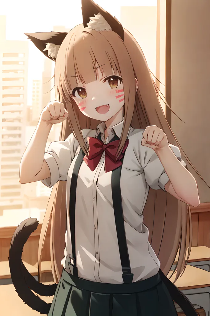 The image shows an anime-style girl with long brown hair and cat ears. She is wearing a white shirt, red bow, and gray skirt. She has a happy expression on her face and is making a cute pose with her hands. There is a window in the background.