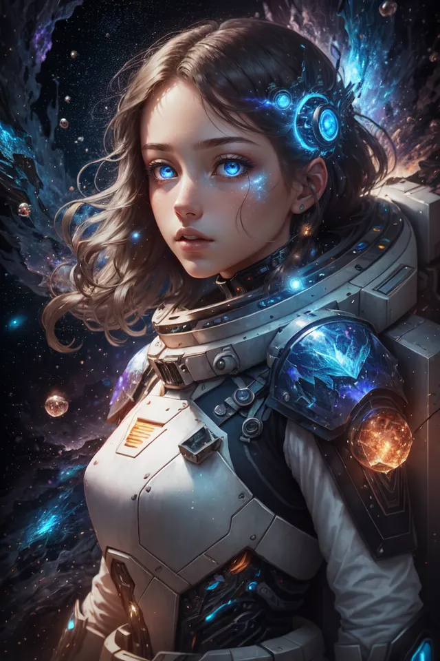 This is an image of a young girl in a spacesuit with a white and blue color scheme. The spacesuit has blue lights on the chest and arms and a clear bubble helmet. The girl has long brown hair and blue eyes and is looking at the viewer. There are stars and planets in the background.