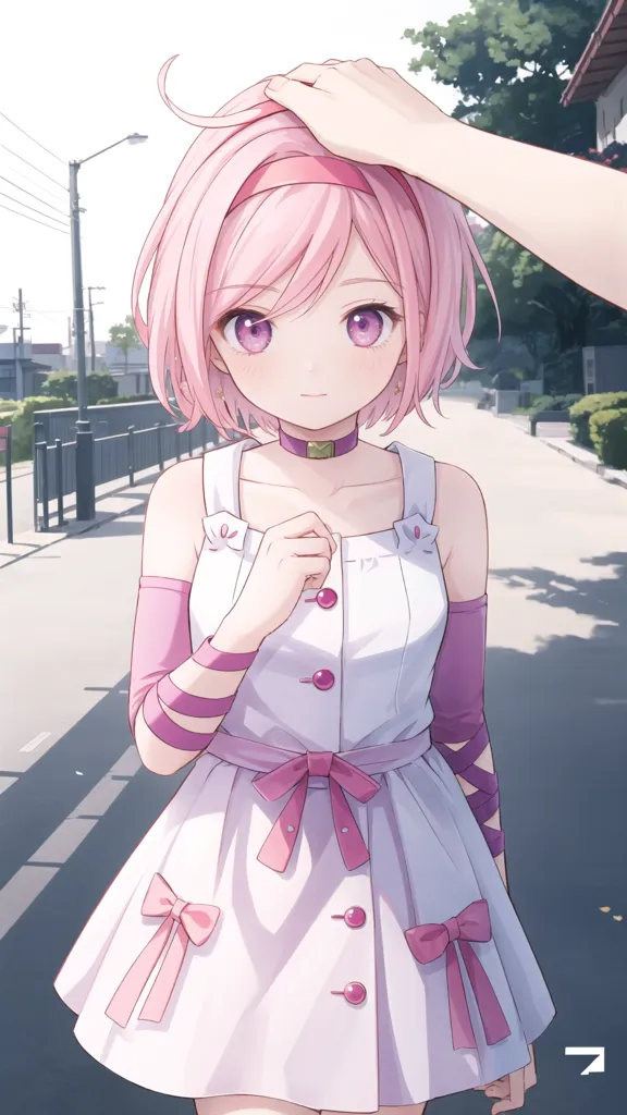 The image shows a cute anime girl with pink hair and purple eyes. She is wearing a white dress with pink bows and a pink headband. She is standing in a park with a hand reaching out to touch her head. The girl is smiling happily.