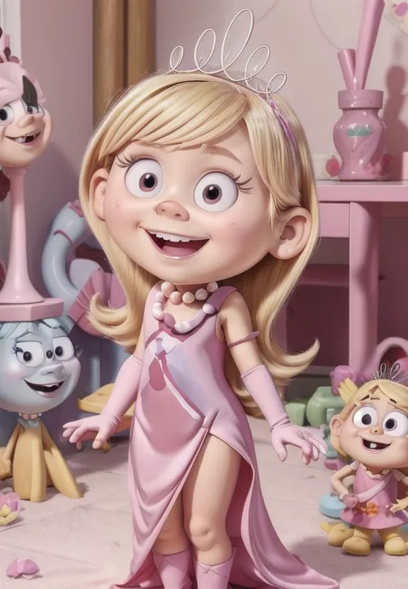 The image shows a young girl, with long blond hair and blue eyes, wearing a pink dress and a tiara. She is standing in a room with a pink background, and there are several toys and dolls around her. The girl is smiling and has her arms outstretched.