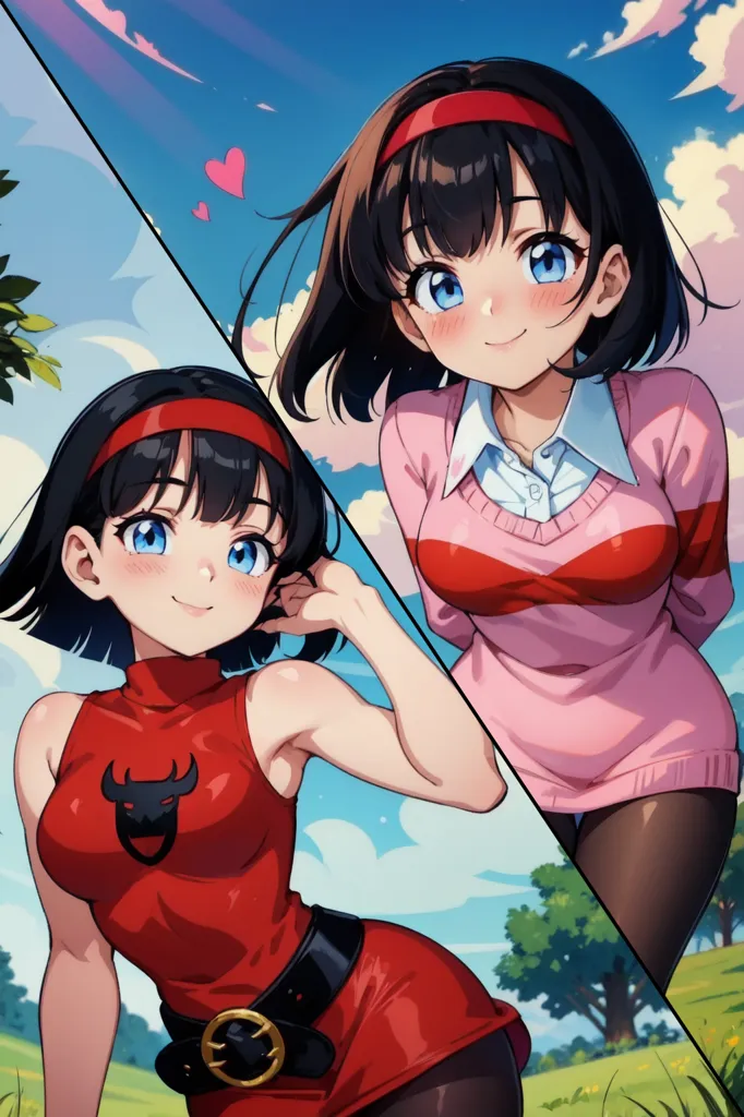 The image shows two anime girls with black hair and blue eyes. The girl on the left has a more mature figure and is wearing a red and black outfit. The girl on the right has a more youthful figure and is wearing a white shirt and pink sweater. Both girls are smiling and have their hair blowing in the wind. The background is a bright blue sky with white clouds.