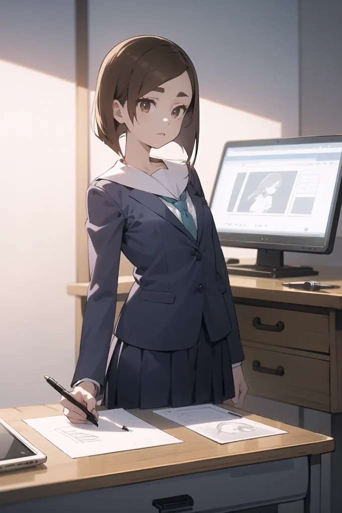 A young girl with brown hair is standing in front of a desk. She is wearing a school uniform and is holding a pen. There are papers on the desk. The girl is looking at the camera with a serious expression on her face. There is a computer on the desk behind her.