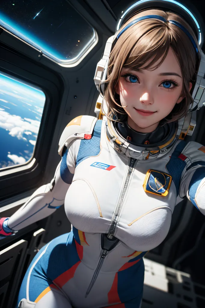 This is an image of a young girl in a spacesuit. She has brown hair and blue eyes, and she is smiling. She is standing in a spaceship, and there is a window behind her that shows the Earth. She is wearing a white spacesuit with blue and orange stripes. The spacesuit has a zipper in the front and a patch on the arm with a flag on it. She is also wearing a helmet with a visor.