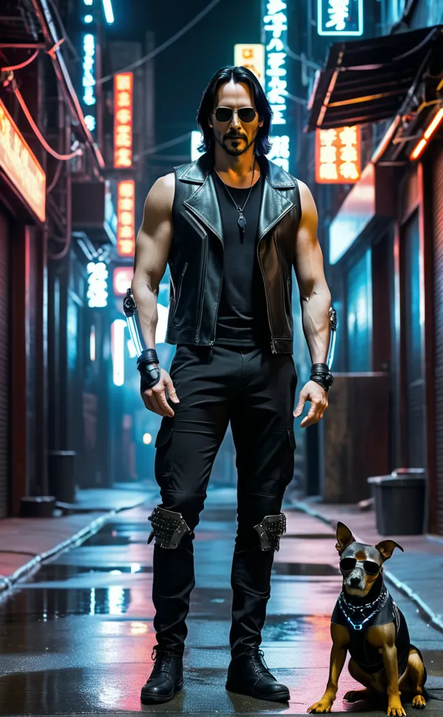 This is an image of Keanu Reeves in a dark alleyway. He is wearing a black leather vest and pants, and has a dog with him. The background is a blur of city lights.