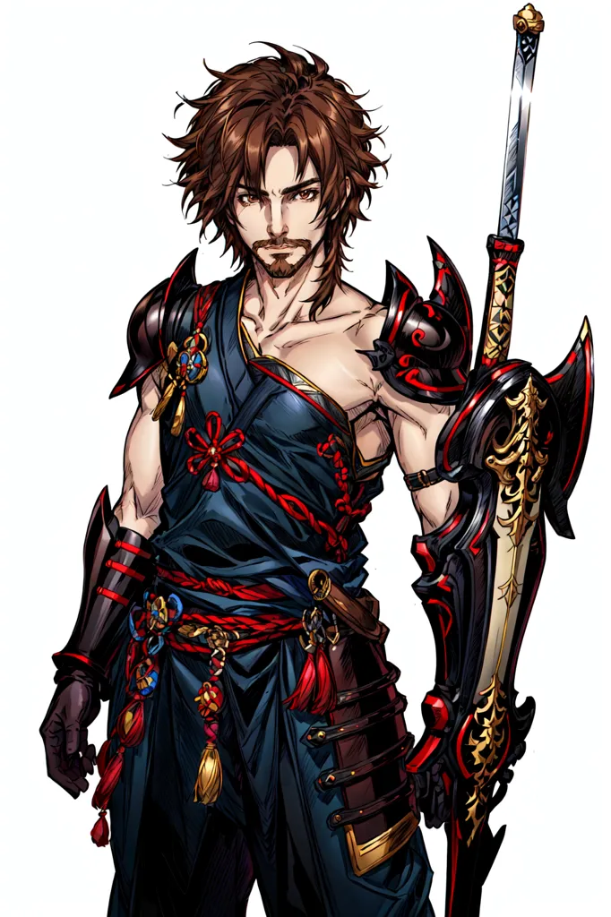 The image is of a man with brown hair and a beard. He is wearing a black and red outfit and is holding a large sword. He has a determined look on his face and appears to be ready for battle.