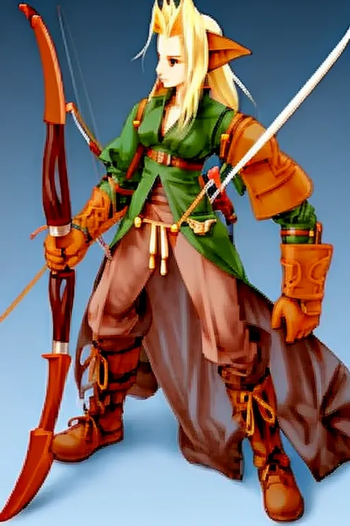 The picture shows a young woman with long blond hair and pointed ears. She is wearing a green tunic and brown boots. She is carrying a bow and arrow. She looks like she is ready to fight.