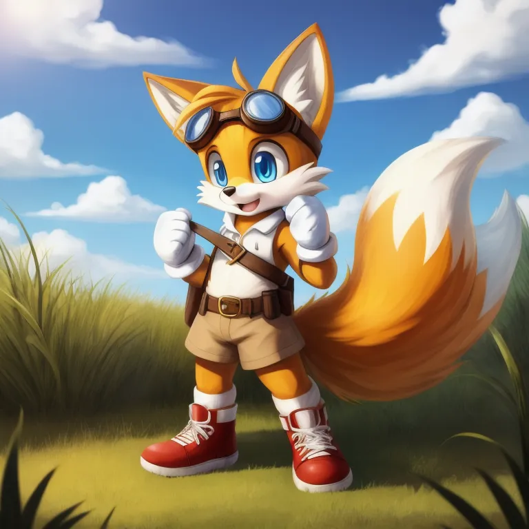 The image shows a young fox with two tails. He is wearing a pair of goggles, a brown belt with a small bag on it, and a pair of red and white shoes. He is standing in a grassy field on a sunny day. The sky is blue and there are some clouds in the background.