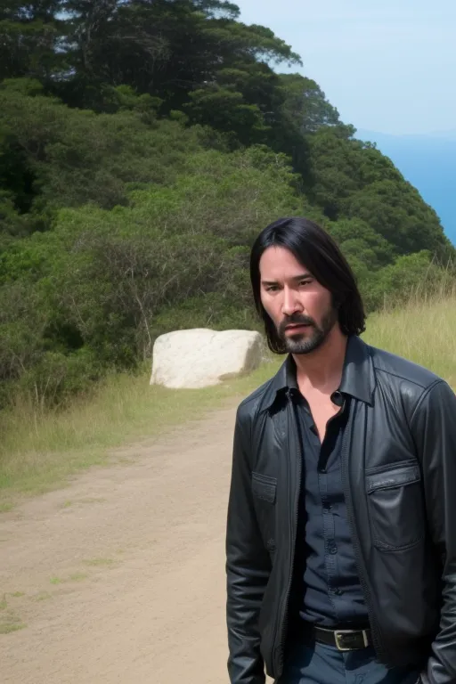 This is a picture of Keanu Reeves. He is standing on a dirt road, next to a large rock. He is wearing a black leather jacket over a blue shirt. He is looking at the camera with a serious expression on his face. There is a hill covered with trees in the background.