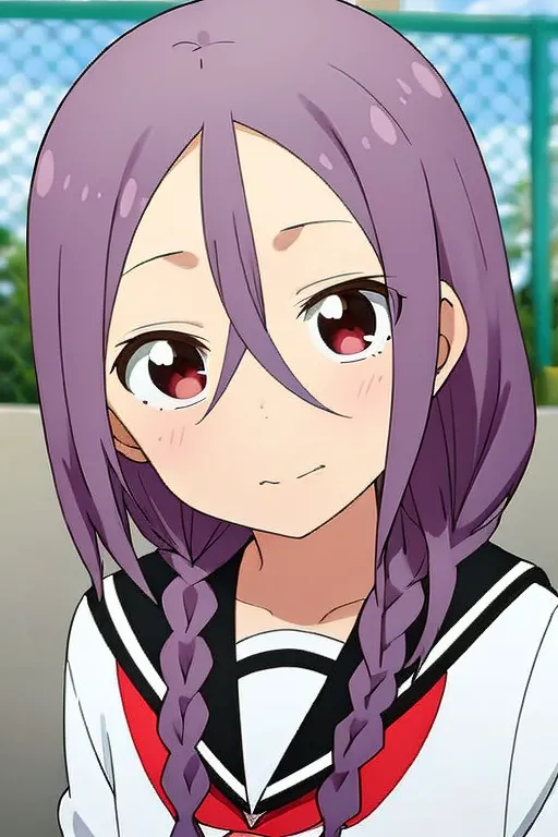 The image shows an anime-style girl with purple hair and red eyes. She is wearing a white shirt with a red collar and black sleeves. She has a friendly expression on her face and is looking at the viewer with a slight smile. Her hair is braided and she has a small ahoge on the top of her head.