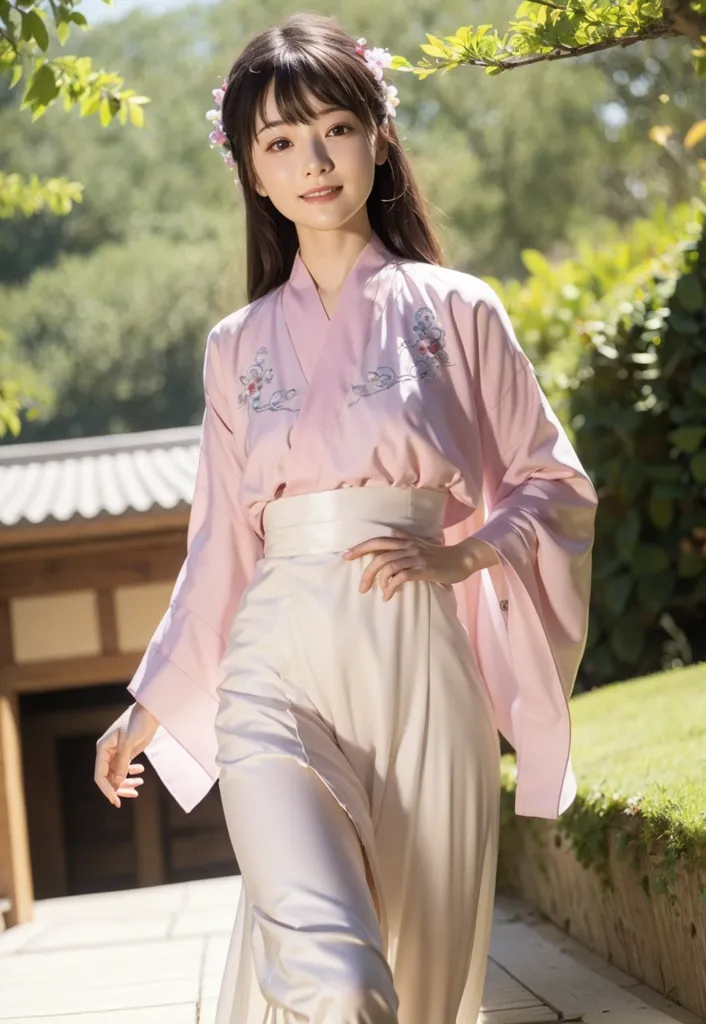 图像显示一位年轻女性穿着汉服,这是一种传统的中国服饰。汉服呈粉色和白色,有精致的刺绣和花卉装饰。女士有着长长的黑发,头上戴着一朵粉色的花朵。她站在一个花园里,背后有一棵大树。这幅图像柔和而梦幻,带有一丝神秘感。