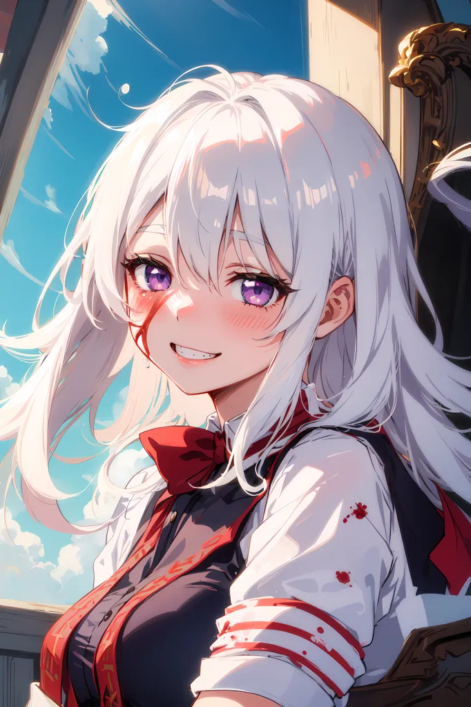 The image is a portrait of a young woman with white hair and purple eyes. She is wearing a white shirt with a red ribbon and has a red scarf around her neck. There is blood on her face and clothes. She is sitting in a chair and has a gentle smile on her face. The background is a blue sky with white clouds.