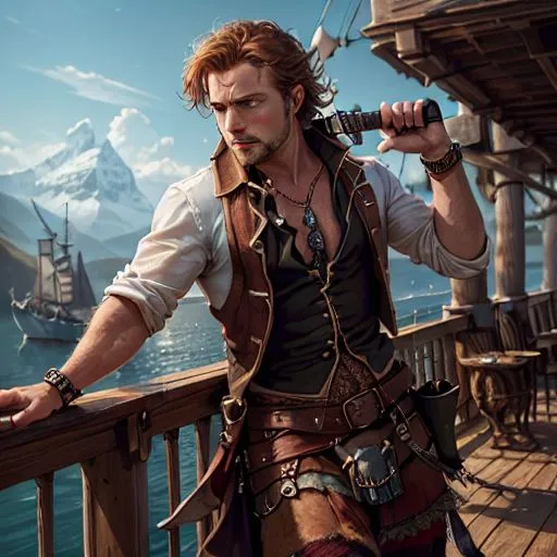 The image shows a man standing on a ship's deck. He is wearing a white shirt, a brown vest, and a brown belt. He has a sword in his hand and a dagger on his belt. He is looking out at the sea. There are mountains in the background.