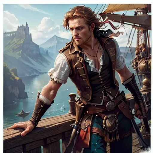 This is a picture of a man standing on a ship. He is wearing a brown leather vest and a white shirt. He has a sword on his hip and a dagger in his boot. He is looking out at the sea. There is a castle on the shore.