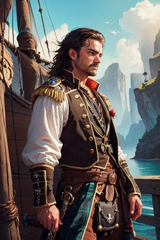 The image shows a man standing on the deck of a ship. He is wearing a brown vest, white shirt, and kilt. He has a sword in his hand and a pistol in his belt. He is looking out at the sea with a determined expression on his face. The ship is anchored in a bay and there are large cliffs in the background.