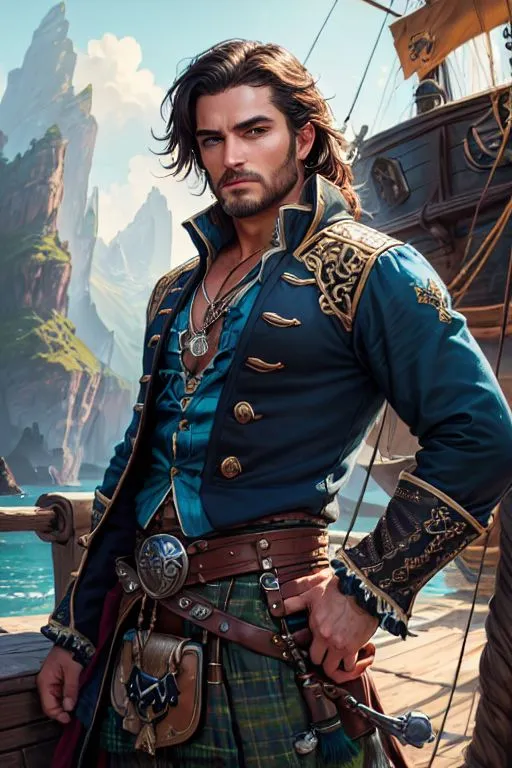 This is a picture of a man standing on the deck of a ship. He has long brown hair and blue eyes. He is wearing a blue coat with gold trim and a white shirt. He has a sword at his side and a dagger in his boot. He looks like he is about to go into battle. In the background, there is a large mountain range.