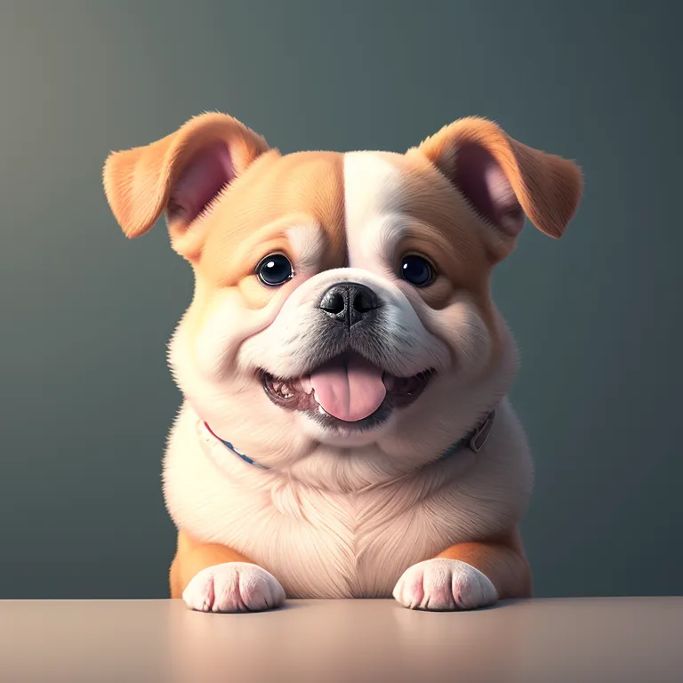 The image shows a cute puppy with big round eyes and a big smile on its face. It has short brown and white fur and is wearing a blue collar with a tag on it. The puppy is sitting on a table with its paws in front of it, looking up at the viewer. The background is a soft grey color.