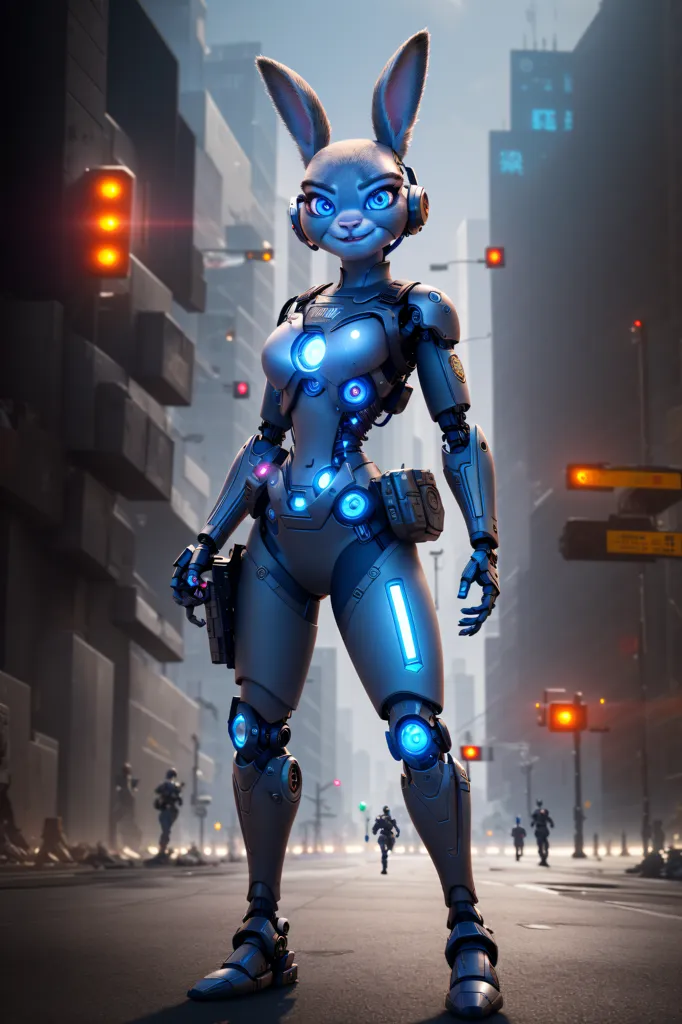 The image depicts a tall, humanoid robot with the head of a rabbit. The robot is standing in a city street, with large buildings and neon lights in the background. The robot is wearing a blue and gray suit of armor, and it is carrying a gun. The robot's eyes are glowing blue, and it has a determined expression on its face.