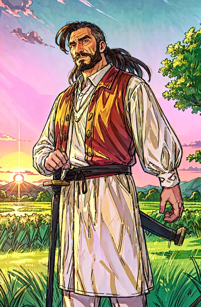 The image shows a man standing in a field, holding a sword. He is wearing a white shirt, a red vest, and a white sash. He has long brown hair and a beard. The background is a sunset over a field of grass.