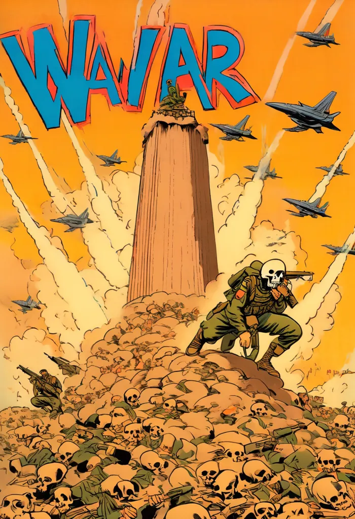 The image is a war scene. There are many dead bodies on the ground. A soldier is standing on a pile of dead bodies. He is holding a gun. There are many airplanes in the sky. They are shooting missiles. There is a large tower in the background. The word \