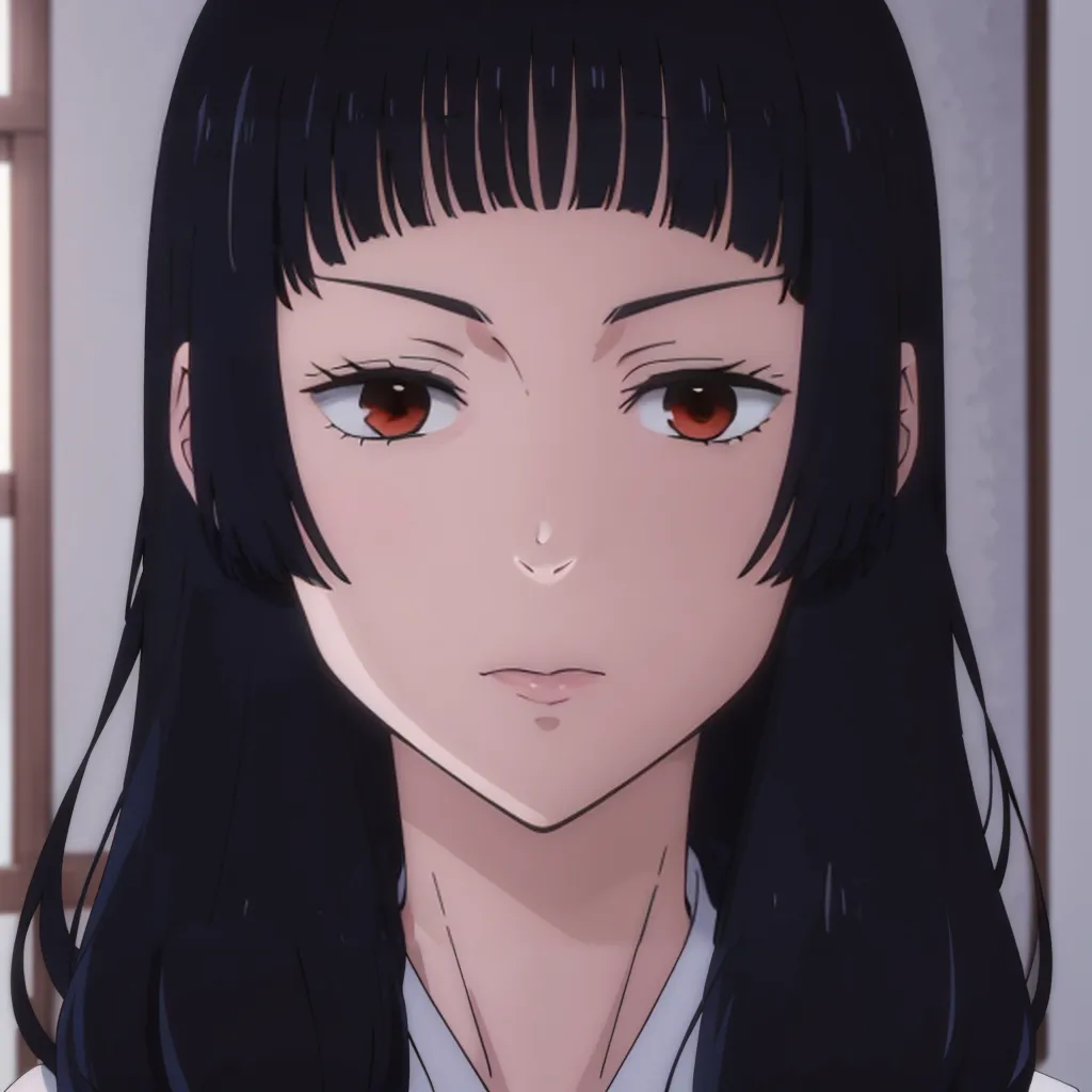 The image shows a young woman with long black hair and red eyes. She is wearing a white kimono with a black obi. Her hair is styled in a hime cut, with bangs that are cut straight across her forehead and long, flowing locks in the back. Her expression is serious and determined.