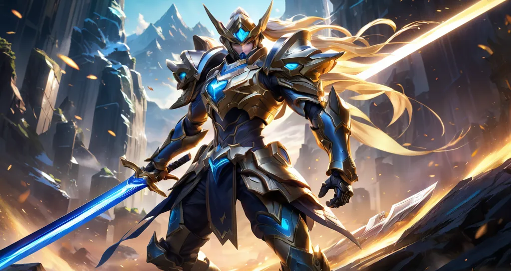 This is an image of a warrior. He is wearing a suit of golden armor and a blue cape. He has a sword in his right hand and a shield in his left hand. He is standing in a mountainous landscape with a large rock formation behind him. The warrior is looking to the left of the frame, as if he is about to engage in battle.