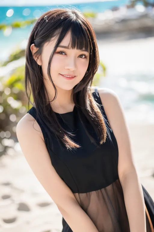 This is a photo of a young Japanese woman, probably in her late teens or early twenties. She has long black hair with bangs and dark brown eyes. She is wearing a black tank top and has a friendly smile on her face. She is standing in a tropical setting, with palm trees and the ocean in the background.