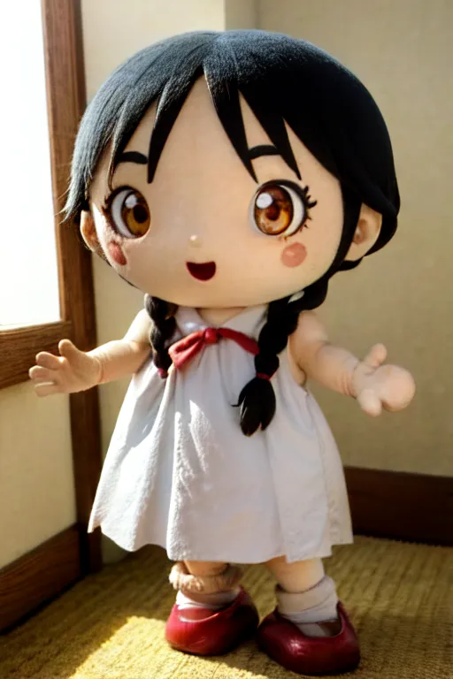 Shown is a plush doll of a young girl. She has black hair tied in pigtails, brown eyes, and a happy expression on her face. She wears a white dress and red shoes.