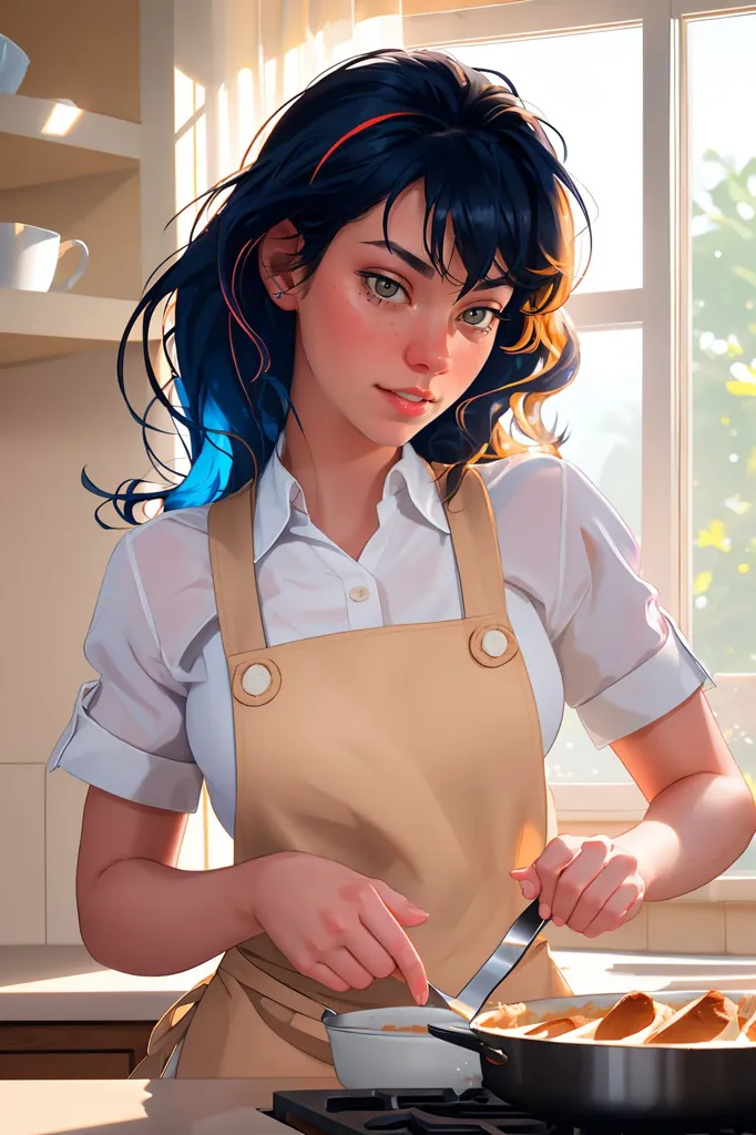 This is an image of a young woman in a kitchen. She is wearing a white shirt and a brown apron. She has long blue hair and green eyes. She is smiling and looking at the food she is cooking in a pan. There is a window to her right and some plants outside.