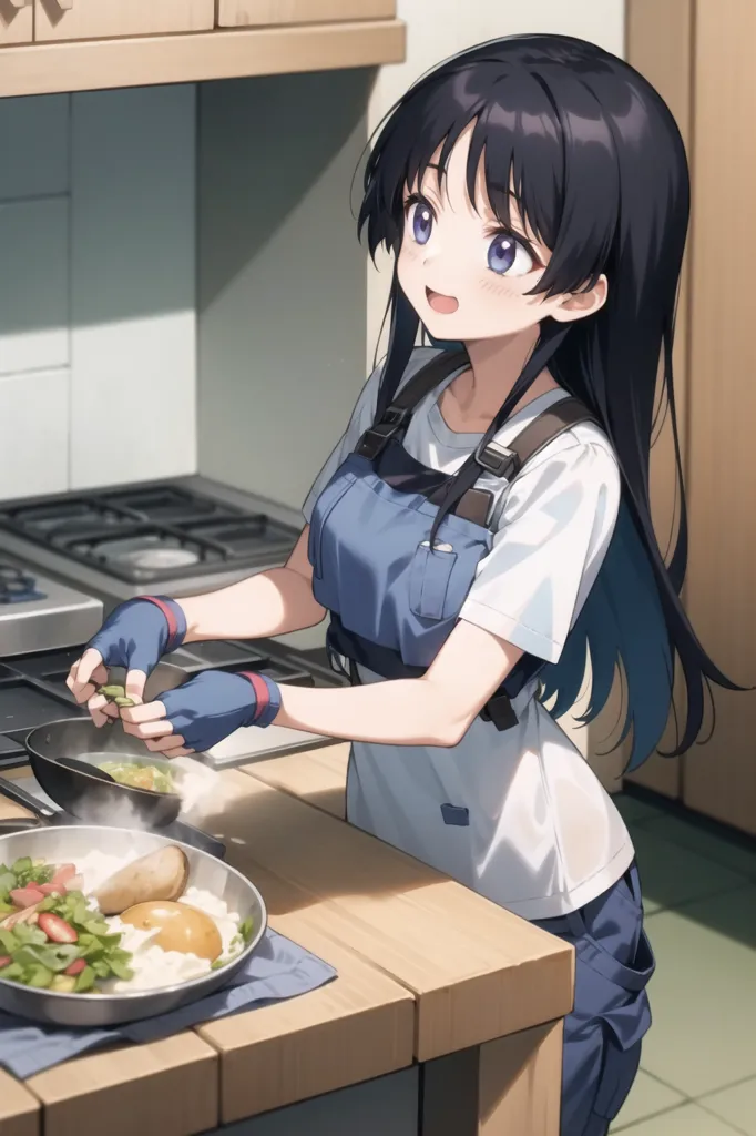 A young woman with long black hair is cooking in a kitchen. She is wearing a white shirt, blue apron, and blue oven mitts. She has a happy expression on her face and is looking at the food she is cooking. There is a plate of food on the table next to her. The background of the kitchen is white and there is a window to the left of the woman.