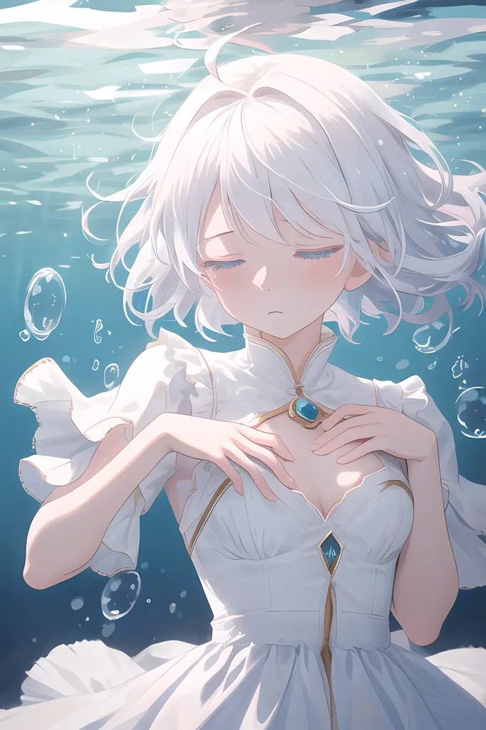 This image shows a beautiful anime girl with white hair and blue eyes, wearing a white dress. She is shown from the chest up, and is submerged in water. The water is clear and you can see the bubbles floating around her. The girl's eyes are closed and she has a peaceful expression on her face.