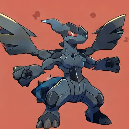 The image shows a fictional creature called a "Pokémon". It is a black and gray creature with red eyes and a large mouth. It has four arms and two legs, and its body is covered in sharp spikes. It is standing on a brown background, and there are several small, red circles in the background as well