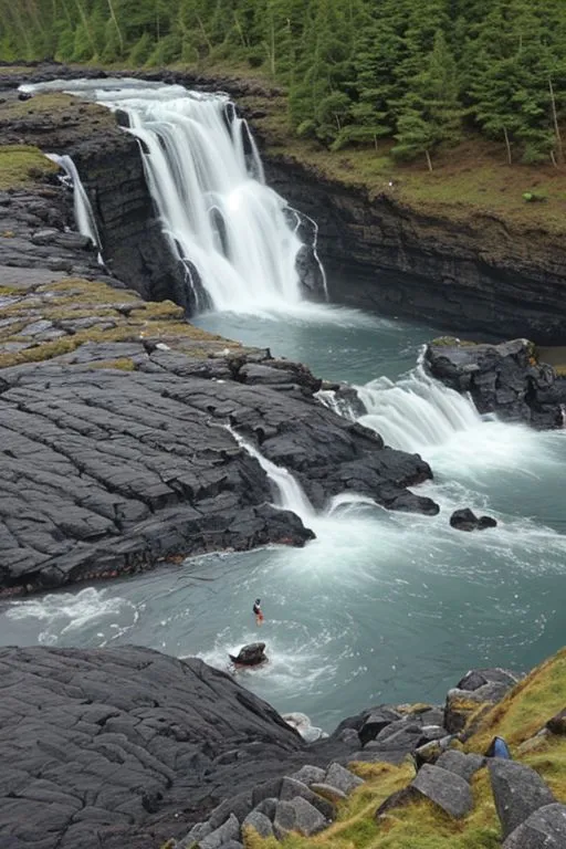 The image shows a waterfall in a rocky landscape. The waterfall is surrounded by a lush green forest. The water is falling from a height of several meters and is crashing against the rocks below. The waterfall is creating a lot of mist, which is rising up into the air. The waterfall is a beautiful and powerful sight, and it is a popular tourist destination.