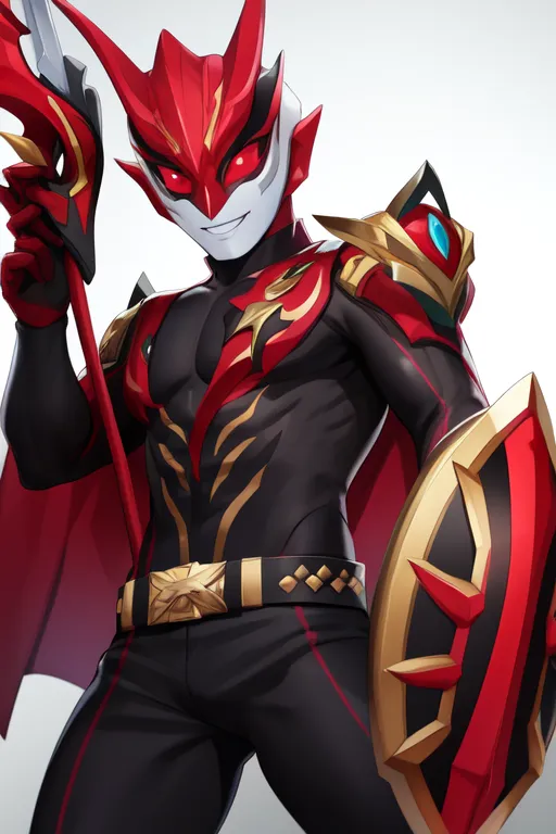 The image shows a superhero wearing a red and black suit. He has a red and gold helmet with a visor. The suit has a red chest plate with black shoulder pads. He is wearing a utility belt with a gold buckle. He is holding a red and silver spear in his right hand and a shield with a red and gold design in his left hand. He has a confident smile on his face.