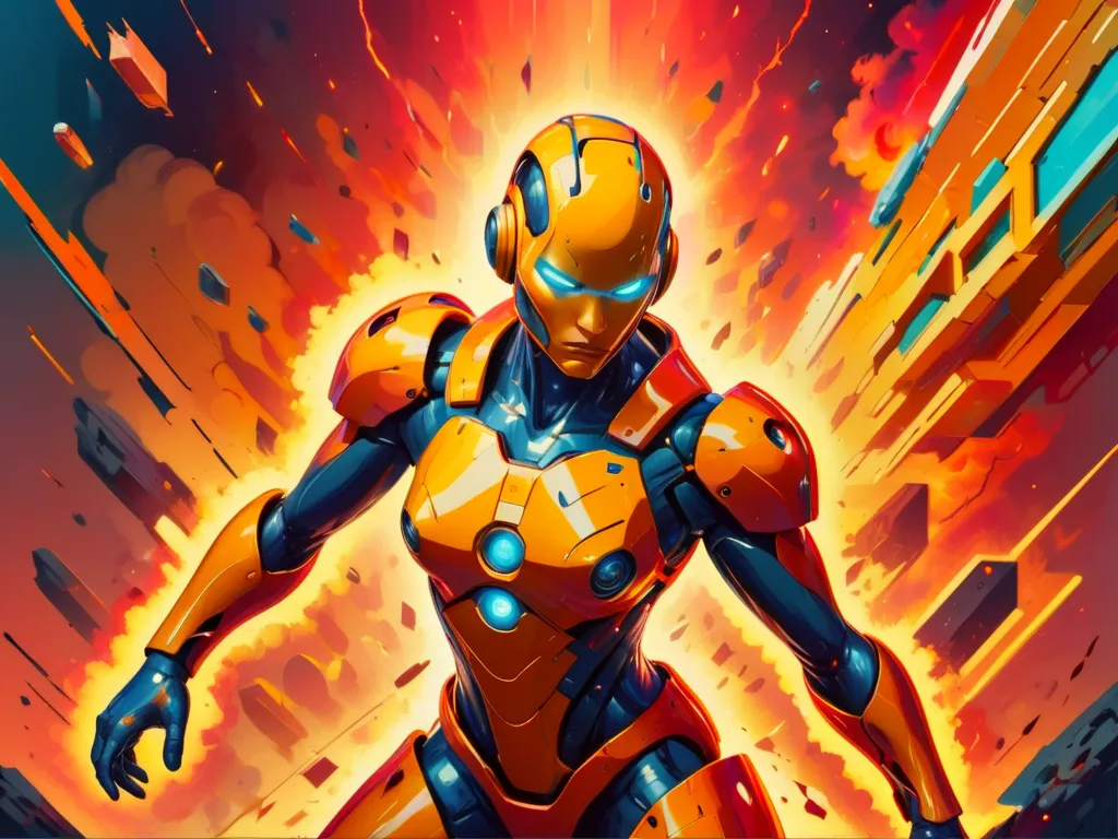 The image is of a superhero wearing a yellow and blue suit of armor. The superhero is standing in a heroic pose, with one hand outstretched and the other clenched into a fist. The background is a fiery orange color, with debris flying everywhere. The superhero is surrounded by an aura of power, and it looks like he is ready