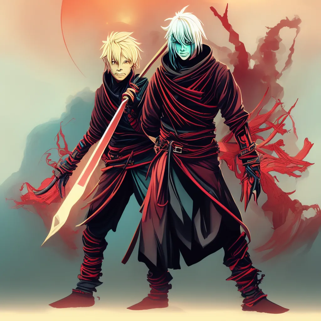 This is an image of two anime characters. They are both wearing red and black clothes and have their faces covered. The one on the left has blond hair and is holding a sword and the other one has white hair and is holding a kunai. They are standing in front of a red and black background with a large moon behind them.