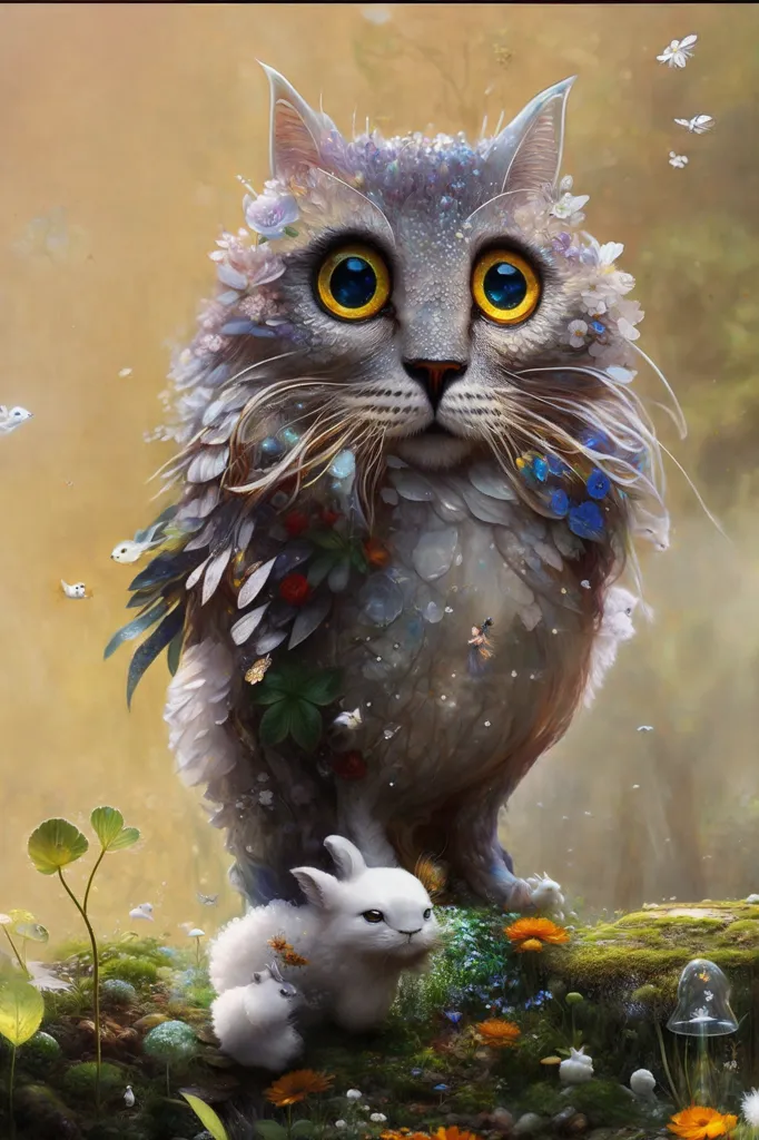 The image is a digital painting of a cat. The cat is depicted as a majestic creature with a long, flowing mane of fur that is decorated with flowers and leaves. The cat's eyes are a deep blue color and its fur is a silvery gray. The cat is standing in a forest, surrounded by flowers and plants. There is a small white rabbit sitting in front of the cat. The rabbit is looking up at the cat with admiration. The image is full of vibrant colors and has a whimsical, dreamlike quality.