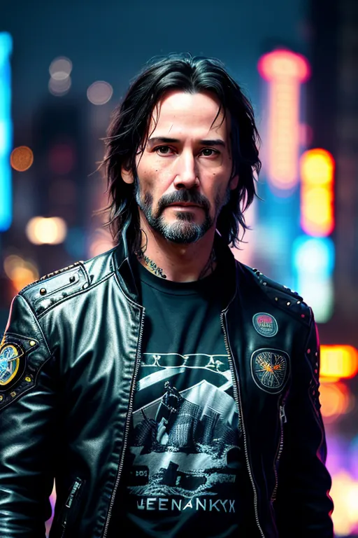 This is a picture of Keanu Reeves. He is wearing a black leather jacket with silver studs and a black t-shirt with a white design on it. He has long brown hair and a beard. He is standing in front of a blurred background of city lights.