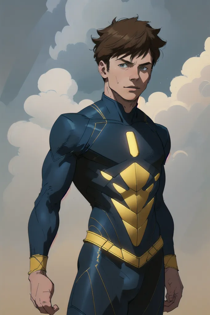 This is an illustration of a superhero. He is wearing a blue and gold suit. The suit has a yellow lightning bolt on the chest. He has brown hair and blue eyes. He is standing in front of a white background. He has a confident expression on his face.