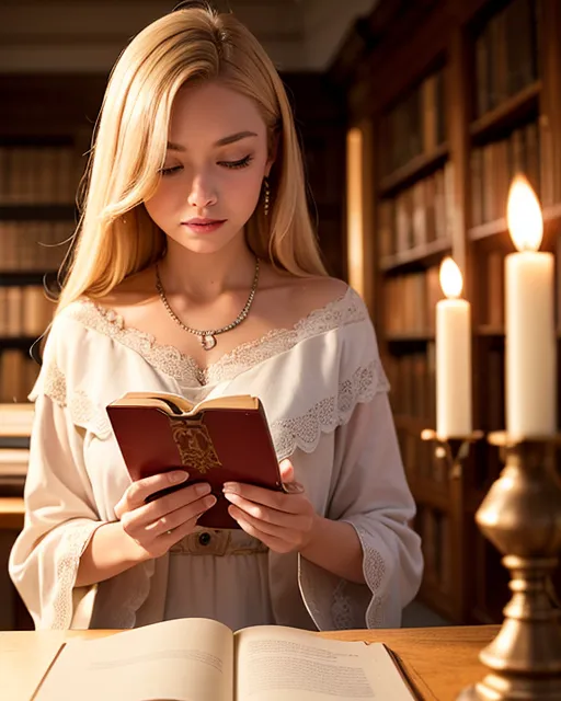 The image shows a beautiful young woman with long blond hair sitting at a desk in a library, reading a book. She is wearing a white dress with a sweetheart neckline and lace sleeves. The book is open in front of her, and she is holding it with both hands. She has a thoughtful expression on her face, and it is clear that she is enjoying the book. There are two candles on the desk, and they are providing light for her to read by. The library is full of bookshelves, and there is a ladder on one side of the room.