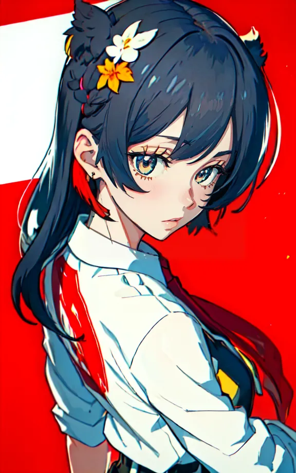 This image shows a young woman with long dark blue hair and yellow eyes. She is wearing a white shirt with a red collar and a red tie. She has a serious expression on her face. There are white and yellow flowers in her hair. She has cat ears. The background is red and white.