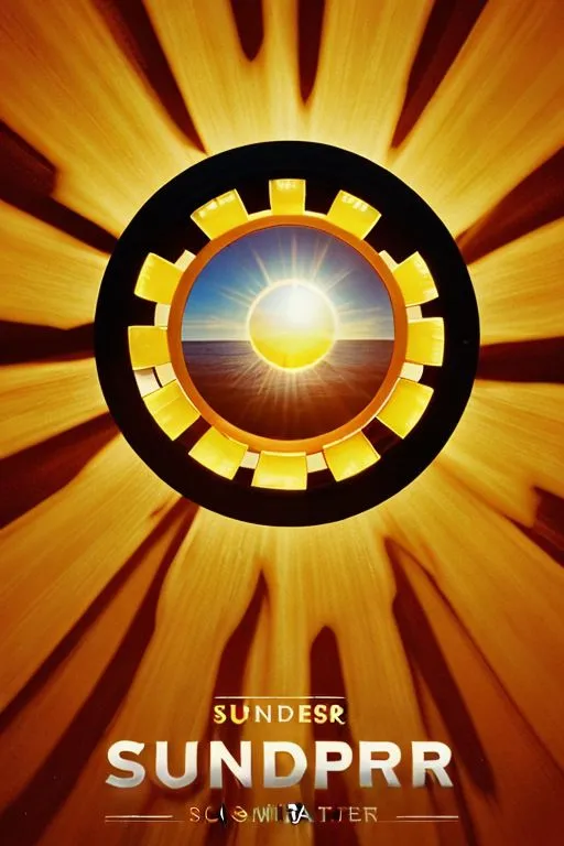 The image is a yellow circle with a black border. Inside the circle is a picture of the sun. The sun is surrounded by yellow rays. The word \