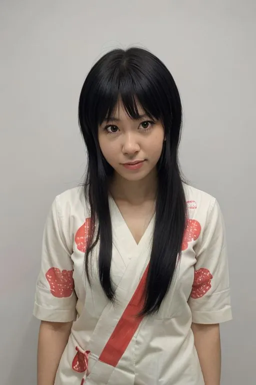 This is a photo of a young woman with long black hair and bangs. She is wearing a white kimono with red and pink floral designs and a red obi sash. The kimono is half-tucked into the sash, exposing the white hakama pants underneath. She is looking at the camera with a slight smile on her face.